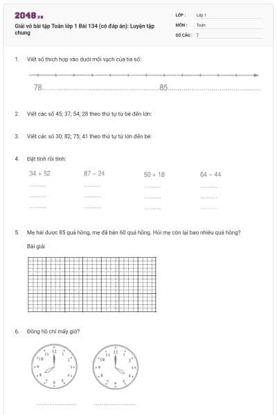 Giải vở bài tập Toán lớp 1 Bài 134 (có đáp án): Luyện tập chung