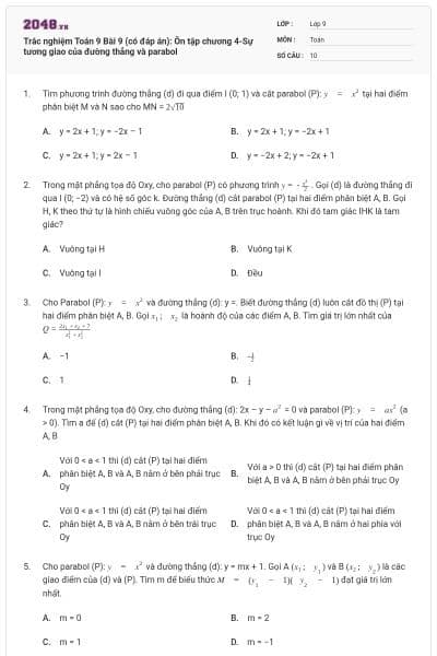 Trắc nghiệm Toán 9 Bài 9 (có đáp án): Ôn tập chương 4-Sự tương giao của đường thẳng và parabol