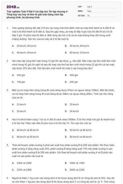 Trắc nghiệm Toán 9 Bài 9 (có đáp án): Ôn tập chương 4-Tổng hợp câu hay và khó về giải toán bằng cách lập phương trình, hệ phương trình