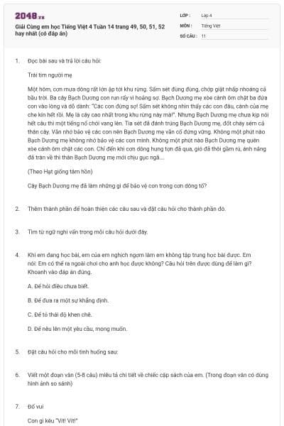 Giải Cùng em học Tiếng Việt 4 Tuần 14 trang 49, 50, 51, 52 hay nhất (có đáp án)