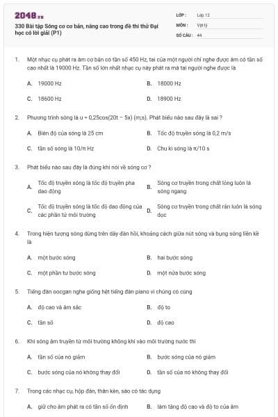 330 Bài tập Sóng cơ cơ bản, nâng cao trong đề thi thử Đại học có lời giải (P1)