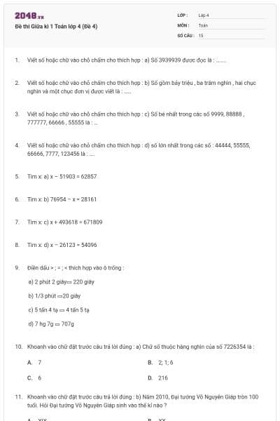 Đề thi Giữa kì 1 Toán lớp 4 (Đề 4)