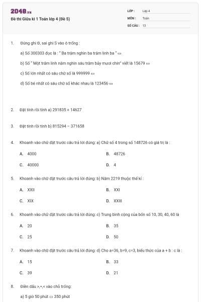 Đề thi Giữa kì 1 Toán lớp 4 (Đề 5)