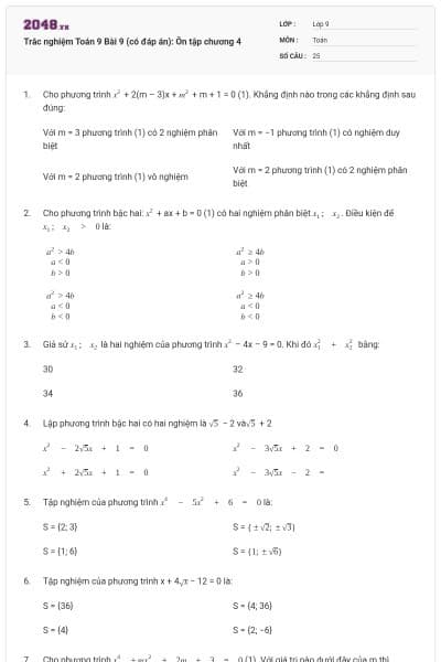Trắc nghiệm Toán 9 Bài 9 (có đáp án): Ôn tập chương 4