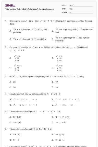 Trắc nghiệm Toán 9 Bài 9 (có đáp án): Ôn tập chương 4