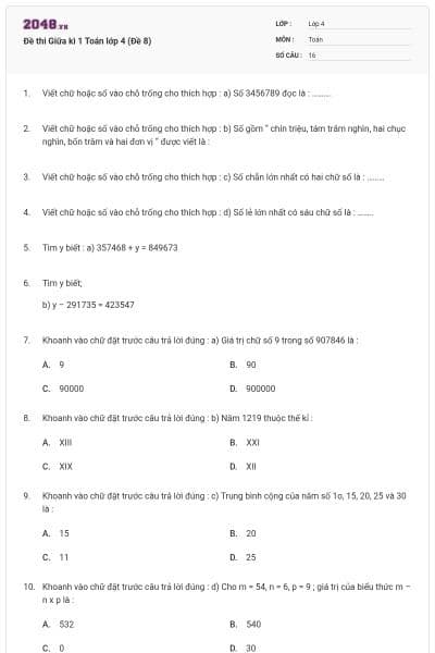 Đề thi Giữa kì 1 Toán lớp 4 (Đề 8)