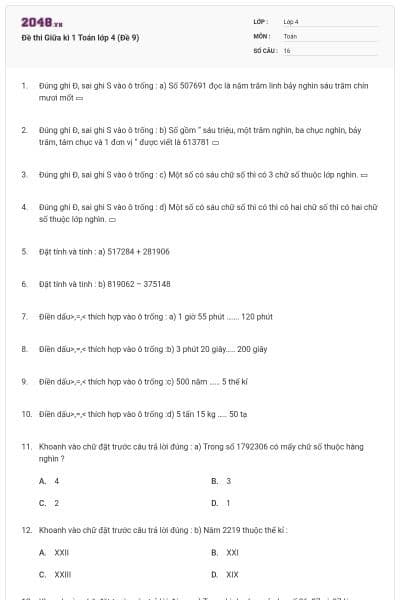 Đề thi Giữa kì 1 Toán lớp 4 (Đề 9)