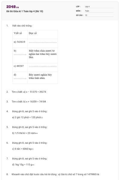 Đề thi Giữa kì 1 Toán lớp 4 (Đề 10)