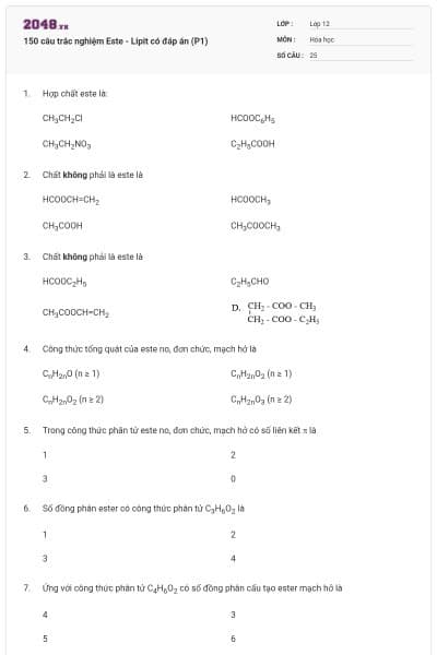 150 câu trắc nghiệm Este - Lipit có đáp án (P1)