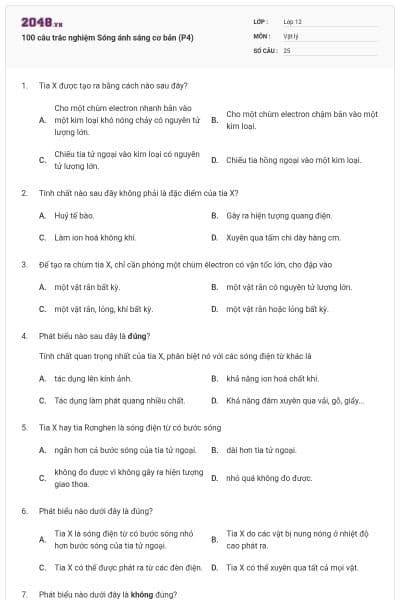 100 câu trắc nghiệm Sóng ánh sáng cơ bản (P4)