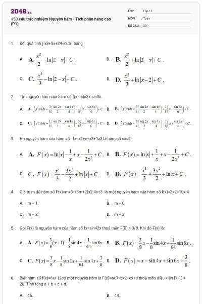 150 câu trắc nghiệm Nguyên hàm - Tích phân nâng cao (P1)