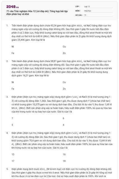 71 câu Trắc nghiệm Hóa 12 (có đáp án): Tổng hợp bài tập điện phân hay và khó
