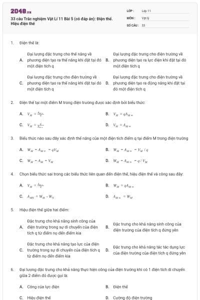 33 câu Trắc nghiệm Vật Lí 11 Bài 5 (có đáp án): Điện thế. Hiệu điện thế
