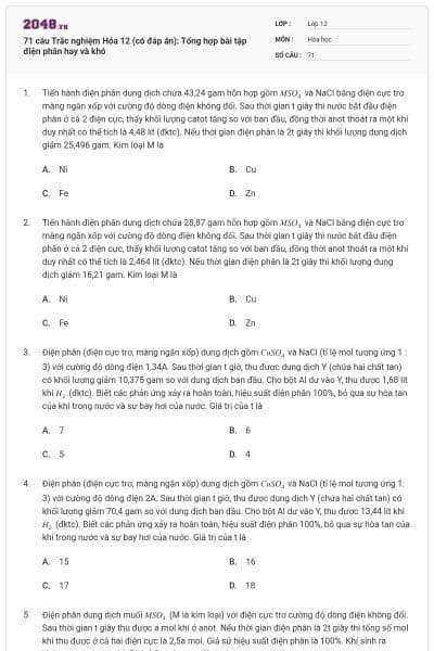 71 câu Trắc nghiệm Hóa 12 (có đáp án): Tổng hợp bài tập điện phân hay và khó