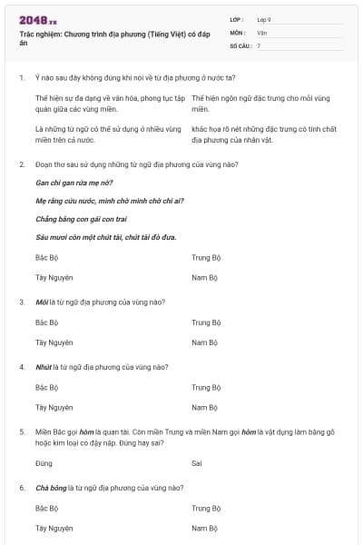 Trắc nghiệm: Chương trình địa phương (Tiếng Việt) có đáp án