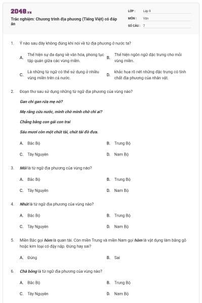 Trắc nghiệm: Chương trình địa phương (Tiếng Việt) có đáp án