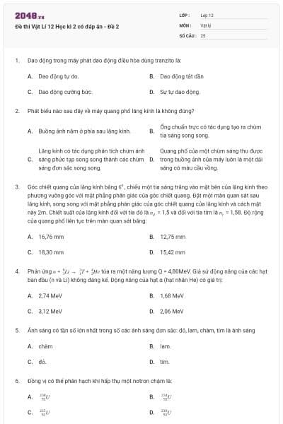 Đề thi Vật Lí 12 Học kì 2 có đáp án - Đề 2