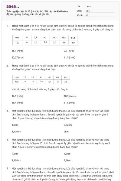 Trắc nghiệm Vật Lí 10 (có đáp án): Bài tập các khái niệm độ dời, quãng đường, vận tốc và gia tốc