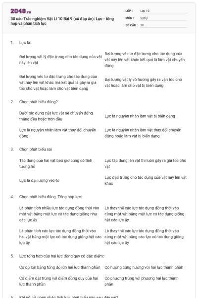30 câu  Trắc nghiệm Vật Lí 10 Bài 9 (có đáp án): Lực - tổng hợp và phân tích lực