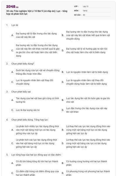 30 câu  Trắc nghiệm Vật Lí 10 Bài 9 (có đáp án): Lực - tổng hợp và phân tích lực