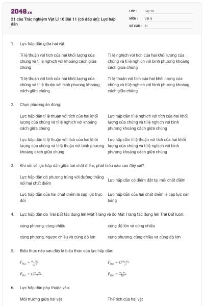 21 câu  Trắc nghiệm Vật Lí 10 Bài 11 (có đáp án): Lực hấp dẫn