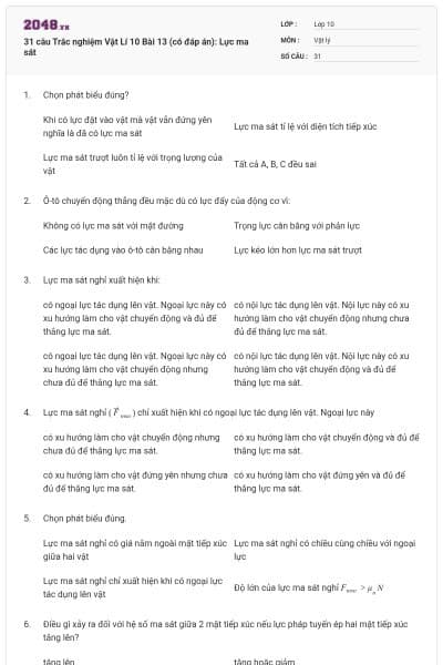 31 câu Trắc nghiệm Vật Lí 10 Bài 13 (có đáp án): Lực ma sát