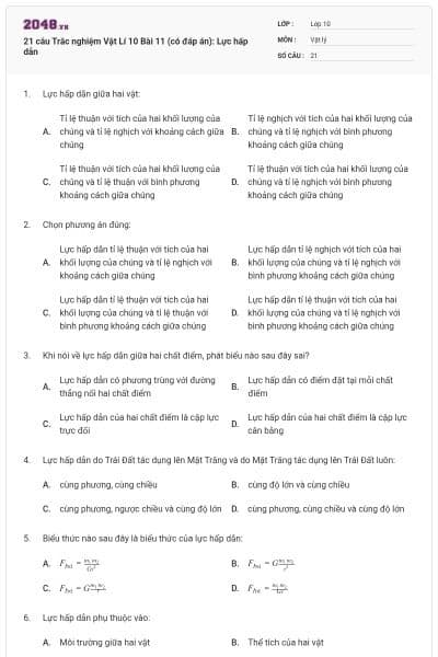 21 câu Trắc nghiệm Vật Lí 10 Bài 11 (có đáp án): Lực hấp dẫn