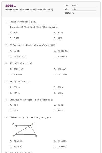 Đề thi Cuối kì 1 Toán lớp 4 có đáp án (cơ bản - Đề 3)