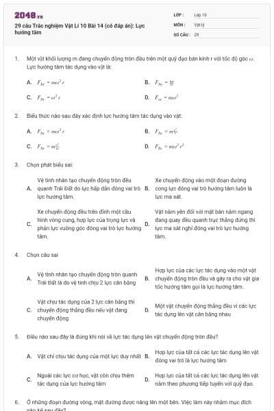 29 câu Trắc nghiệm Vật Lí 10 Bài 14 (có đáp án): Lực hướng tâm