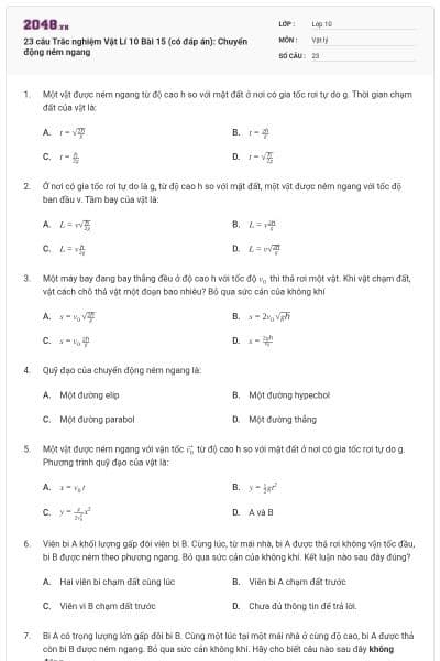 23 câu  Trắc nghiệm Vật Lí 10 Bài 15 (có đáp án): Chuyển động ném ngang