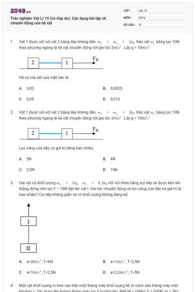 Trắc nghiệm Vật Lí 10 (có đáp án): Các dạng bài tập về chuyển động của hệ vật