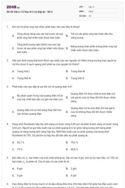 Đề thi Vật Lí 12 Học kì 2 có đáp án - Đề 3