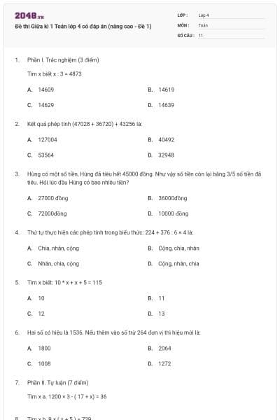 Đề thi Giữa kì 1 Toán lớp 4 có đáp án (nâng cao - Đề 1)