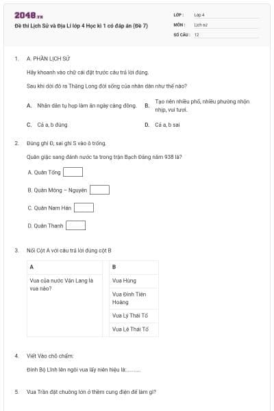Đề thi Lịch Sử và Địa Lí lớp 4 Học kì 1 có đáp án (Đề 7)