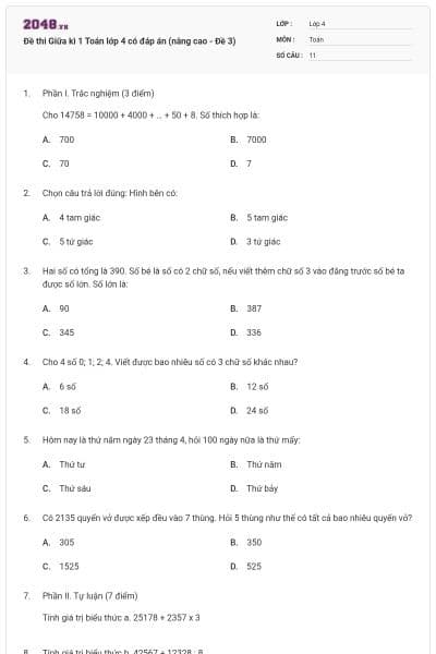 Đề thi Giữa kì 1 Toán lớp 4 có đáp án (nâng cao - Đề 3)