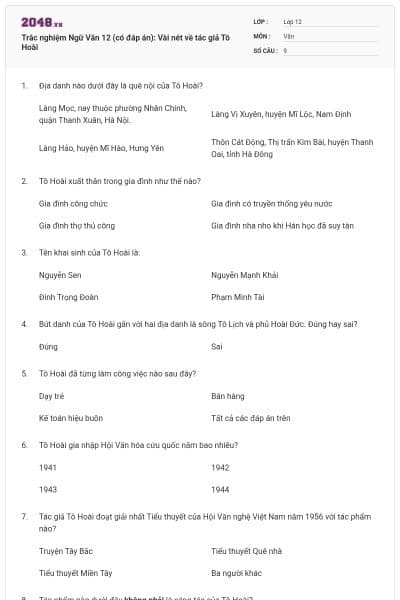 Trắc nghiệm Ngữ Văn 12 (có đáp án): Vài nét về tác giả Tô Hoài