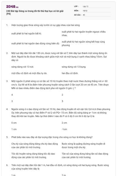 240 Bài tập Sóng cơ trong đề thi thử Đại học có lời giải (P8)
