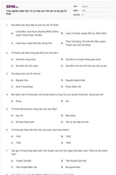 Trắc nghiệm Ngữ Văn 12 (có đáp án): Vài nét về tác giả Tô Hoài