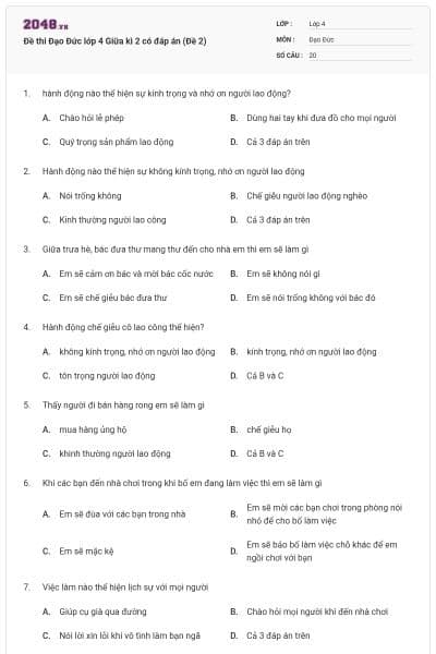 Đề thi Đạo Đức lớp 4 Giữa kì 2 có đáp án (Đề 2)