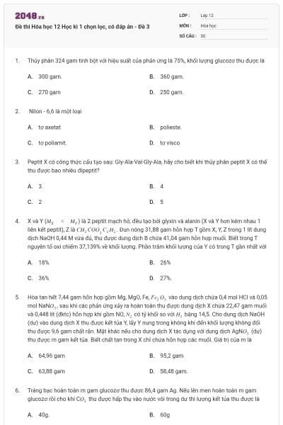 Đề thi Hóa học 12 Học kì 1 chọn lọc, có đáp án - Đề 3