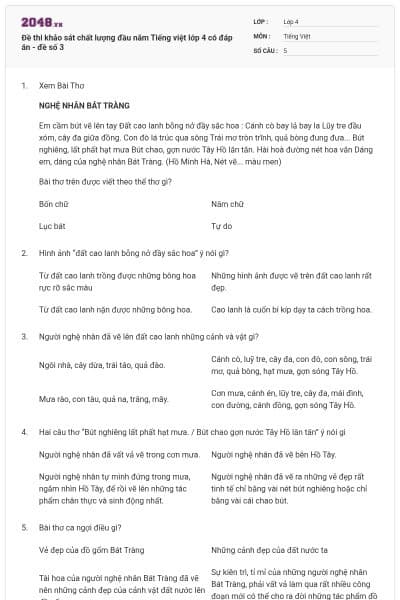 Đề thi khảo sát chất lượng đầu năm Tiếng việt lớp 4 có đáp án - đề số 3