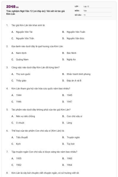 Trắc nghiệm Ngữ Văn 12 (có đáp án): Vài nét về tác giả Kim Lân