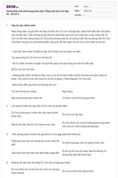 Đề thi khảo sát chất lượng đầu năm Tiếng việt lớp 4 có đáp án - đề số 4