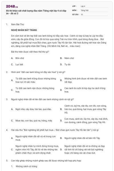 Đề thi khảo sát chất lượng đầu năm Tiếng việt lớp 4 có đáp án - đề số 3