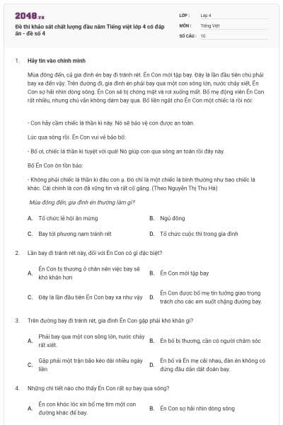 Đề thi khảo sát chất lượng đầu năm Tiếng việt lớp 4 có đáp án - đề số 4