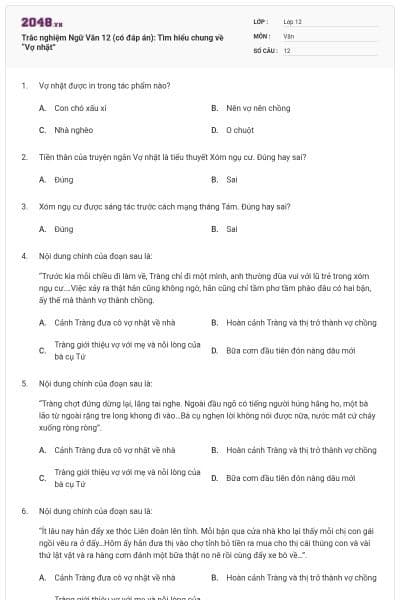 Trắc nghiệm Ngữ Văn 12 (có đáp án): Tìm hiểu chung về “Vợ nhặt”