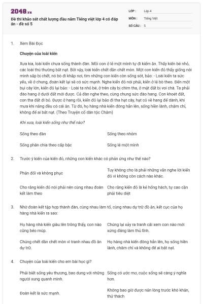 Đề thi khảo sát chất lượng đầu năm Tiếng việt lớp 4 có đáp án - đề số 5