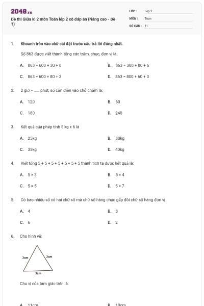 Đề thi Giữa kì 2 môn Toán lớp 2 có đáp án (Nâng cao - Đề 1)