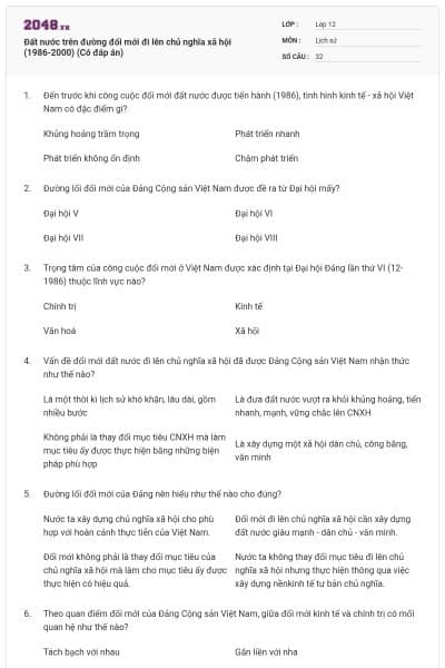 Đất nước trên đường đổi mới đi lên chủ nghĩa xã hội (1986-2000) (Có đáp án)
