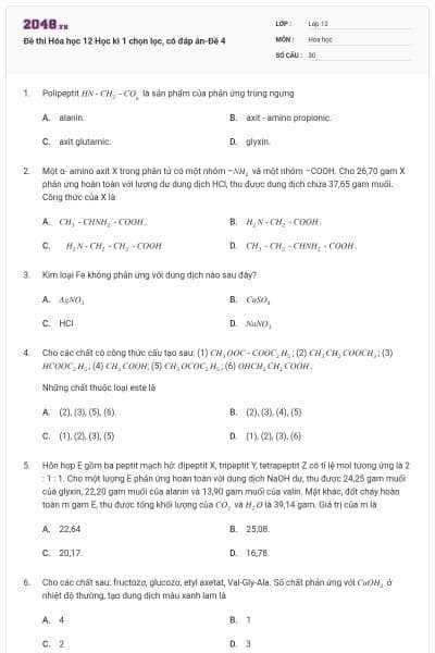 Đề thi Hóa học 12 Học kì 1 chọn lọc, có đáp án-Đề 4